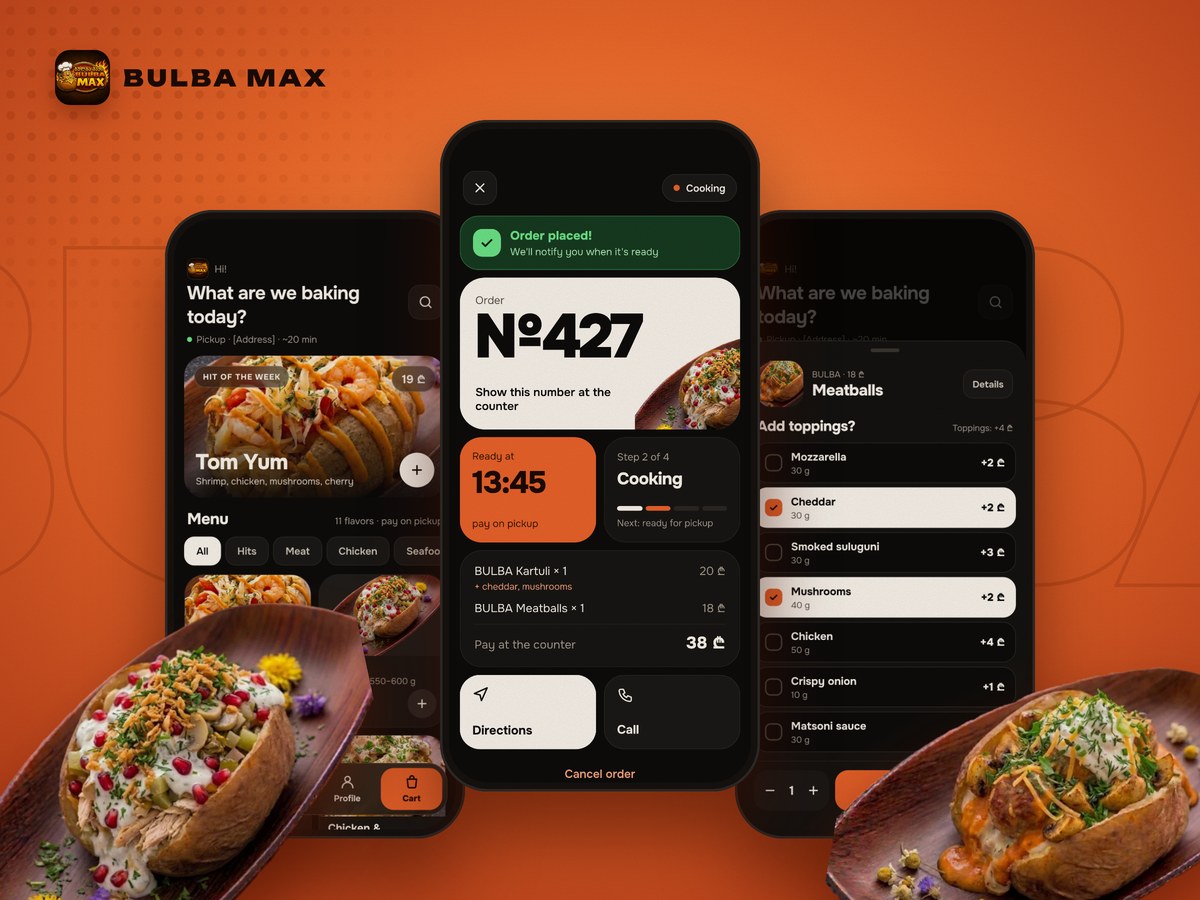 BULBA MAX app screens: menu, order status with pickup time and toppings picker