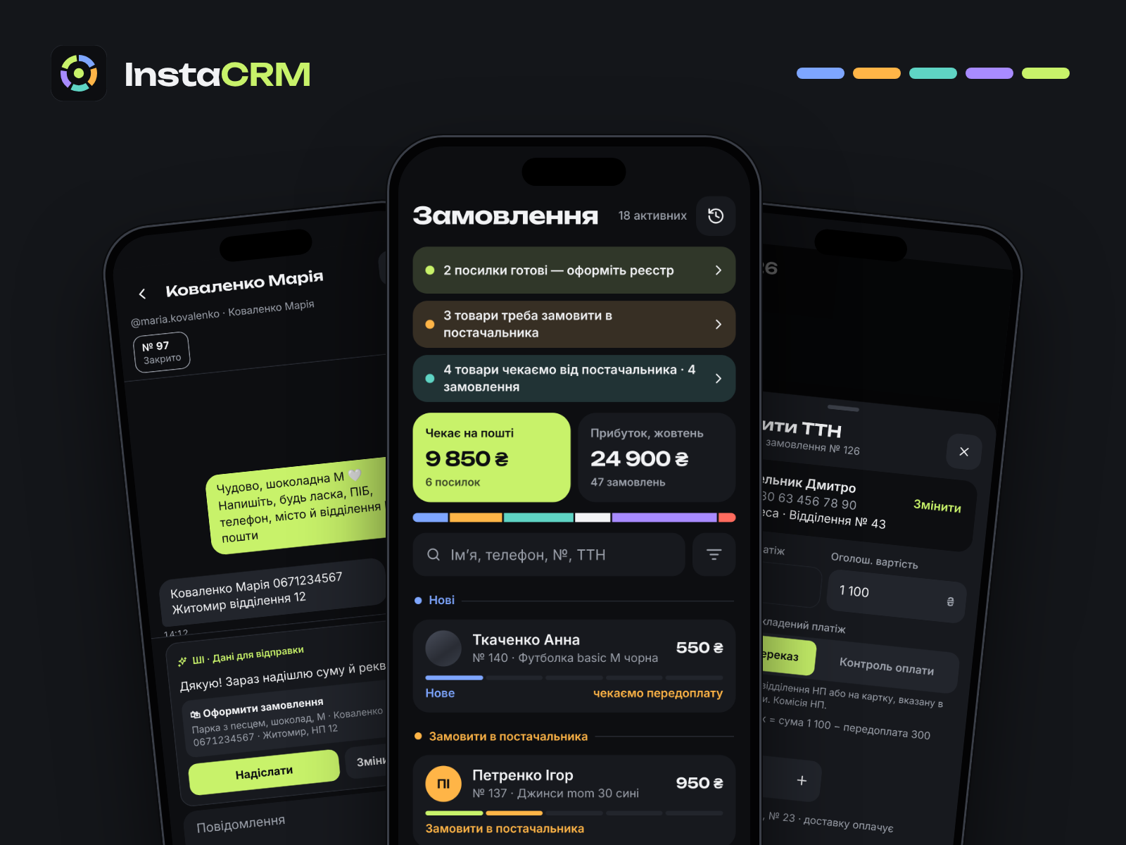 InstaCRM app screens: customer chat with AI reply, orders dashboard and Nova Poshta shipment form